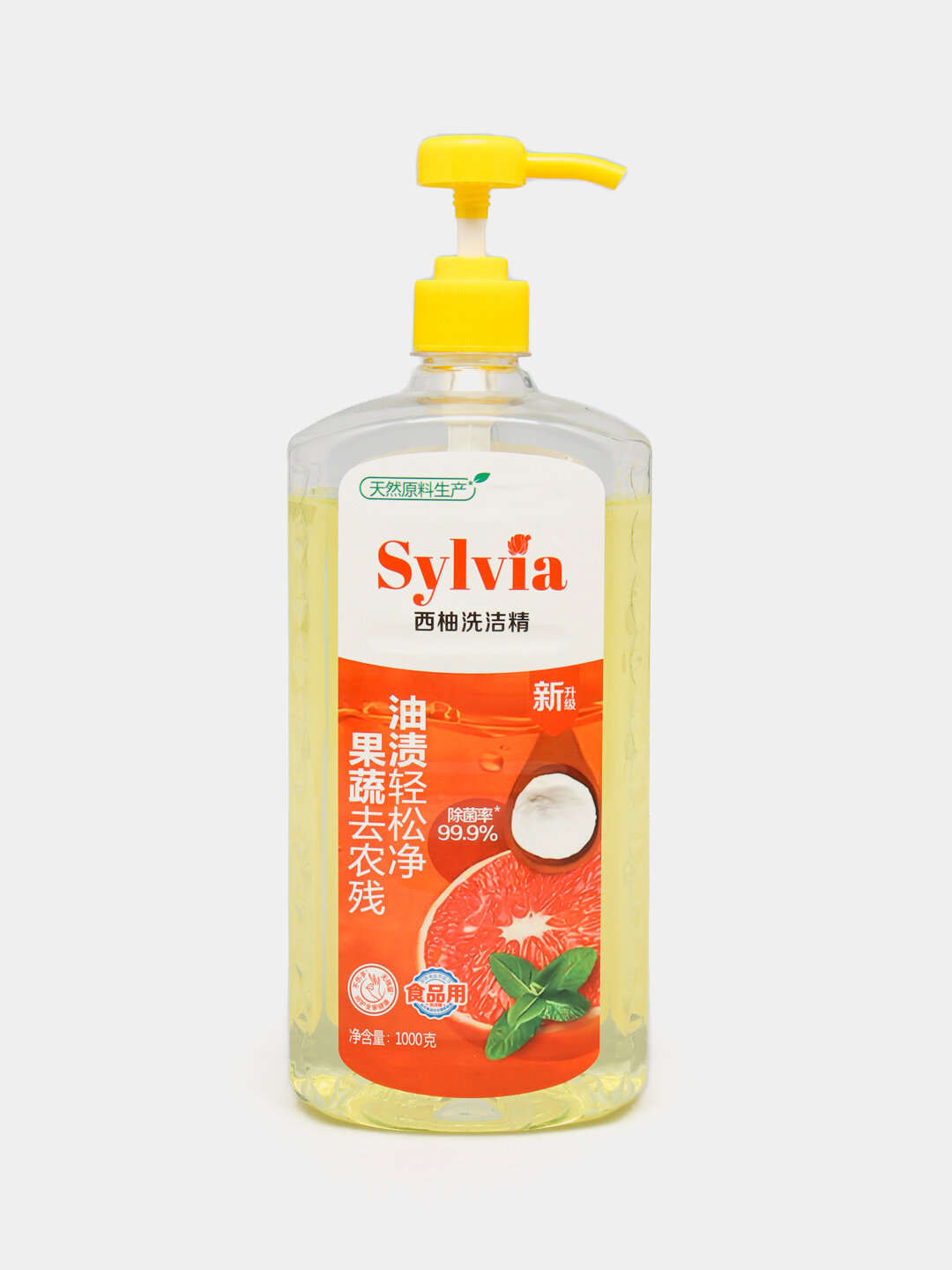 Средство для мытья посуды Sylvia 1L, с удобной помпой, для посуды, фруктов и овощей — фото 1