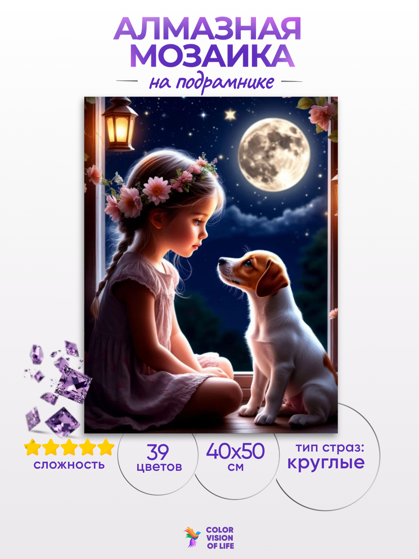 Алмазная мозаика 40x50 "Девочка с джек-расселом у окна" — фото 1