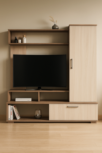 Изображение товара Стенка "Сивена" цвет: корпус ясень шимо темный/фасады ясень шимо светлый размер: 1500x370x1460 мм