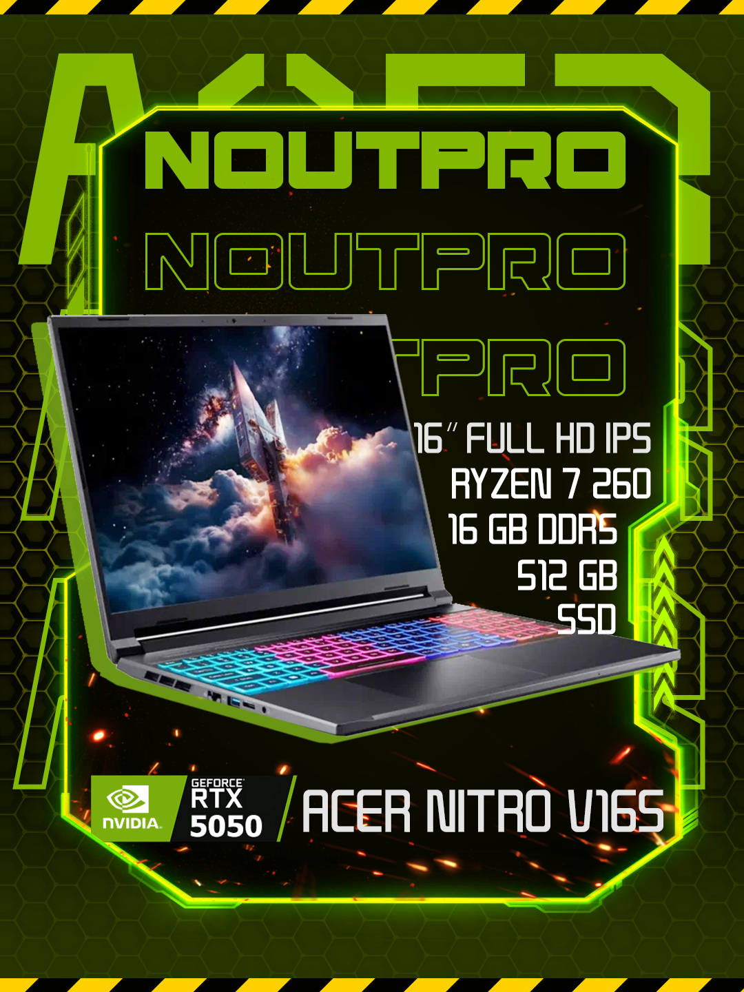 Ноутбук Acer Nitro V 16S, Ryzen 7 260,16.0 FHD IPS 180Hz, RTX 5050/8GB RAM 16GB DDR5/512GB