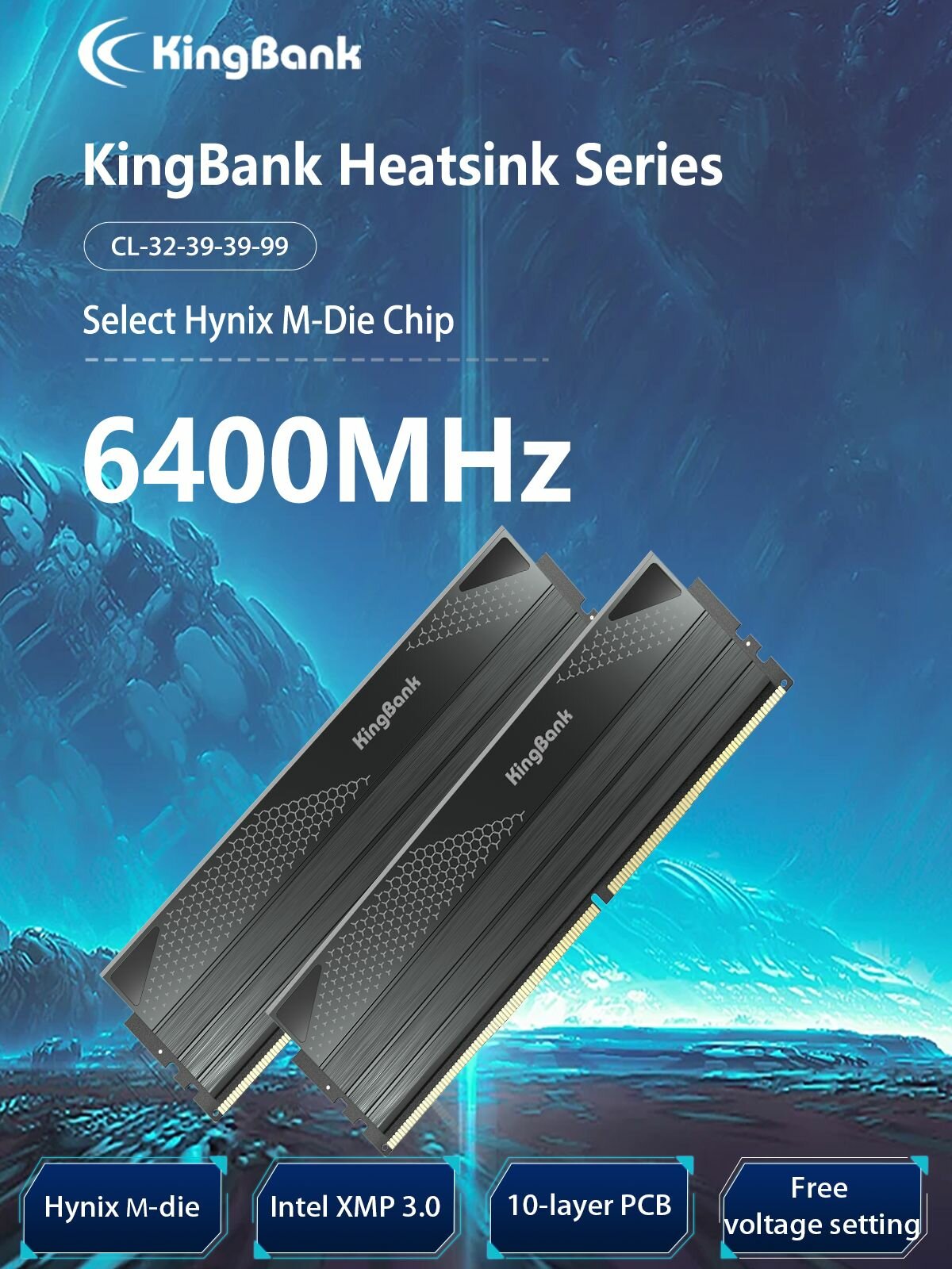 KingBank Оперативная память Dark Star Blade DDR5 UDIMM 6400MHz Dark Heatsink (Hynix M-die C32) 2x48 ГБ — фото 1