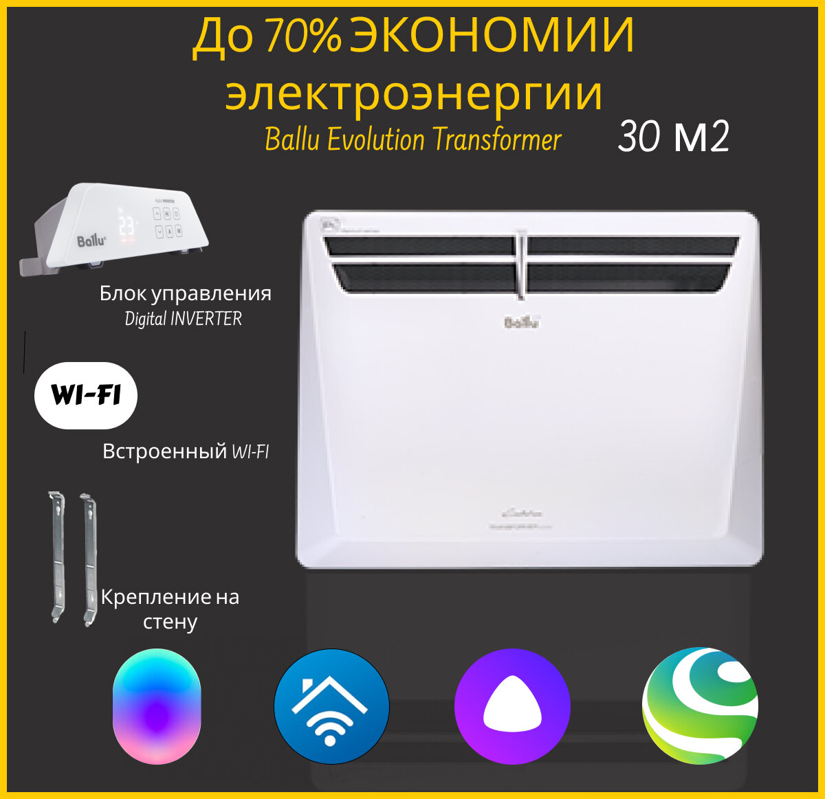 Конвектор электрический Ballu Evolution Transformer BEC/EVU-2500-4I со встроенным WI-FI
