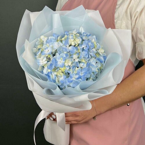 Изображение товара Букет живых цветов. Голубая Гортензия 1 шт в стильной упаковке