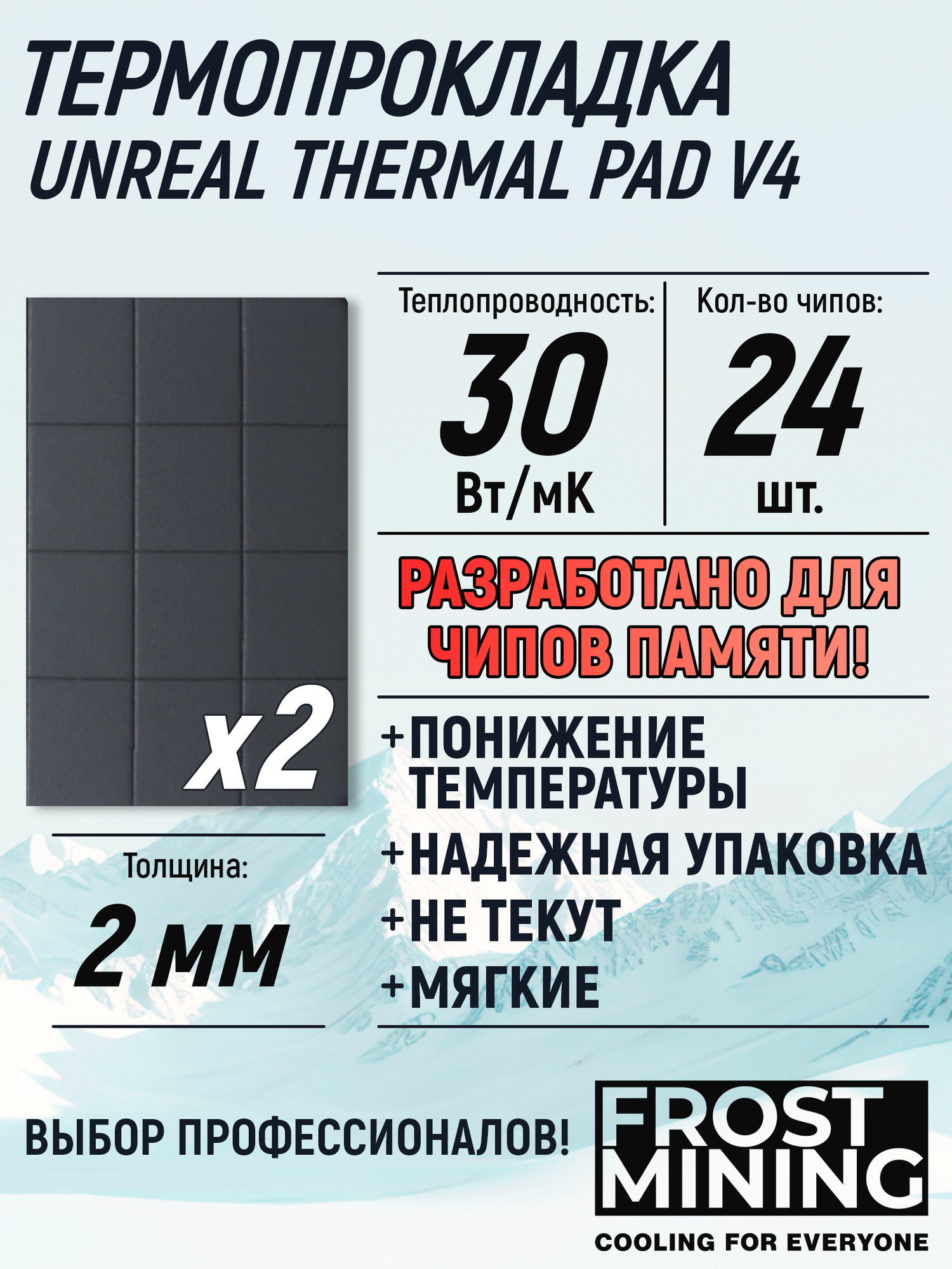 Термопрокладка 2.25 мм 30 вт/Мк для чипов памяти RTX 3080, 3090 FrostMining