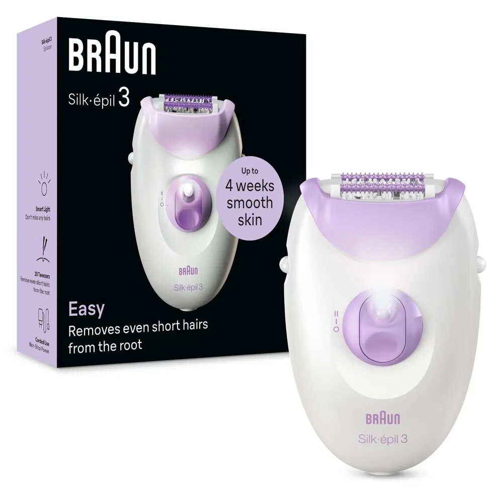 Эпилятор Braun Silk-Epil 3 SE3000, питание от сети, подсветка, 2 скорости