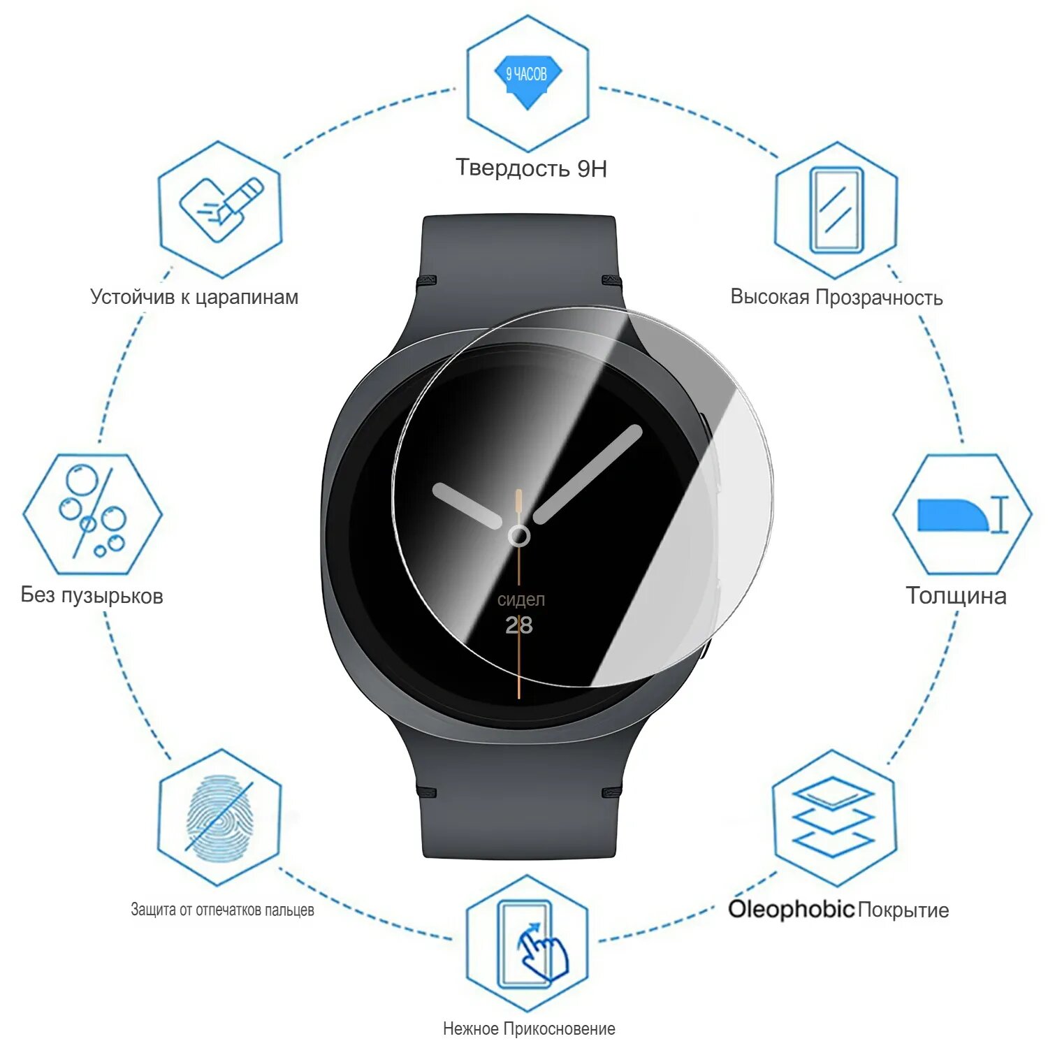 Закаленное стекло для Samsung Galaxy Watch 8 (Размер циферблата 44mm)/ Samsung Galaxy Watch 7 (44) — фото 1