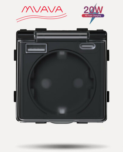 Изображение товара Механизм розетки с крышкой (без рамки) с Usb/Type-C АC, быстрая зарядка 20Вт, цвет черный