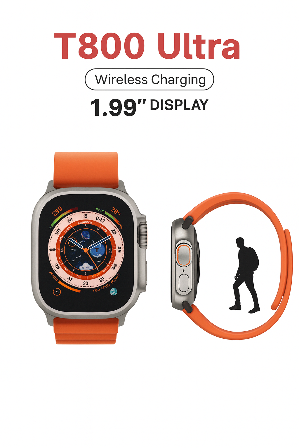 Умные часы T800 Ultra, с беспроводной зарядкой, 1.99", GPS+Cellular, IP67