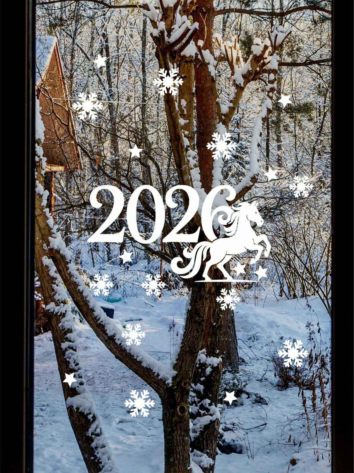 Наклейки новогодние украшения на окно 2026 с лошадью Lisadecor