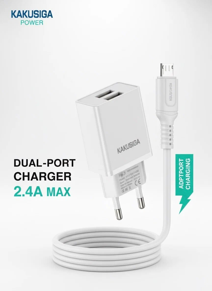 Зарядное устройство Kakusiga, Dual USB, 2.4 A, с кабелем Micro-USB, 1 м