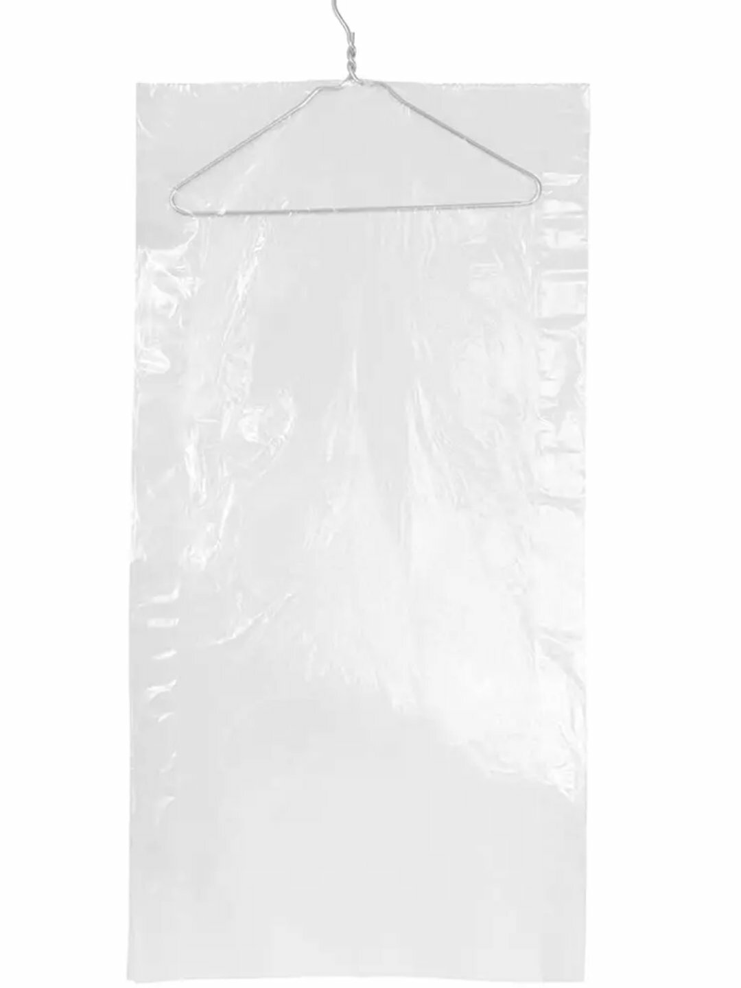 Чехол защитный, полиэтилен, без молнии, 60x90 см, без вешалки. Материал не толстый.