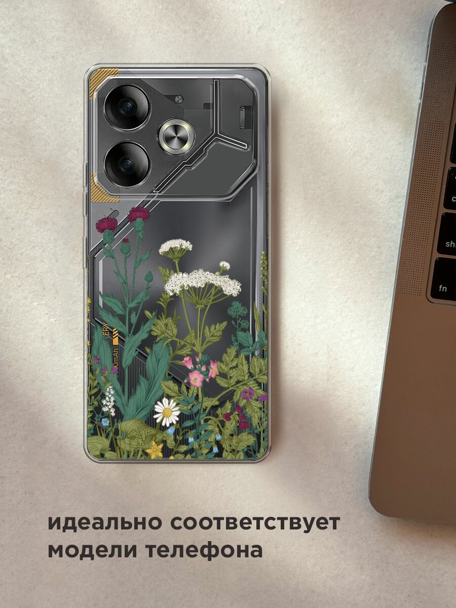 Чехол на Tecno Pova 6 / Текно Пова 6 с принтом "Дикие полевые цветы", прозрачный — фото 1