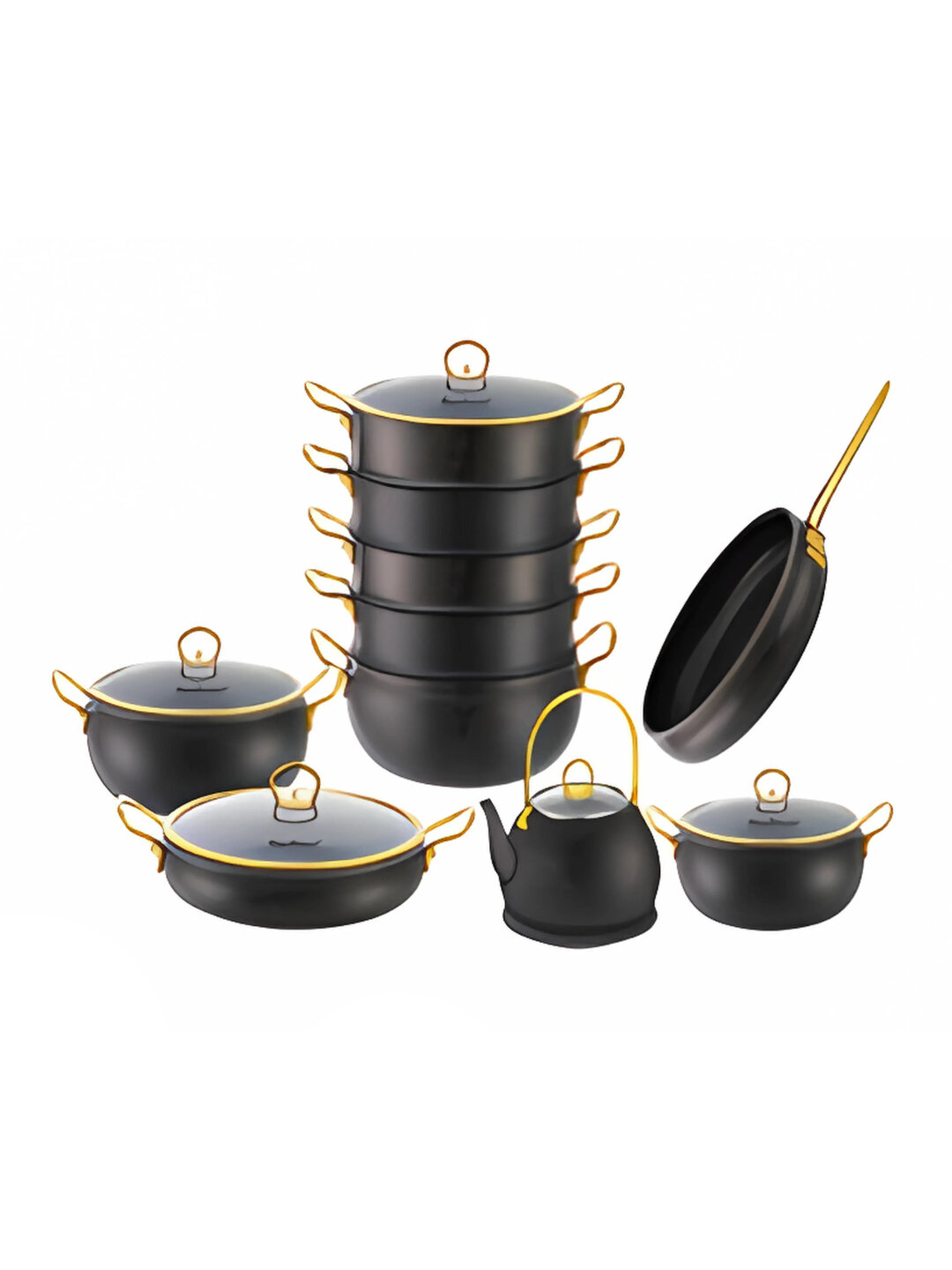 Набор посуды Hause Roland HR113-5, 17 предметов – черный и белый, сковорода, казан - Черный
