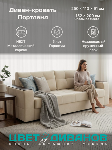 Изображение товара Прямой диван кровать Цвет Диванов Портленд NEXT 22 250 раскладной, с ящиком для белья, ортопедический матрас