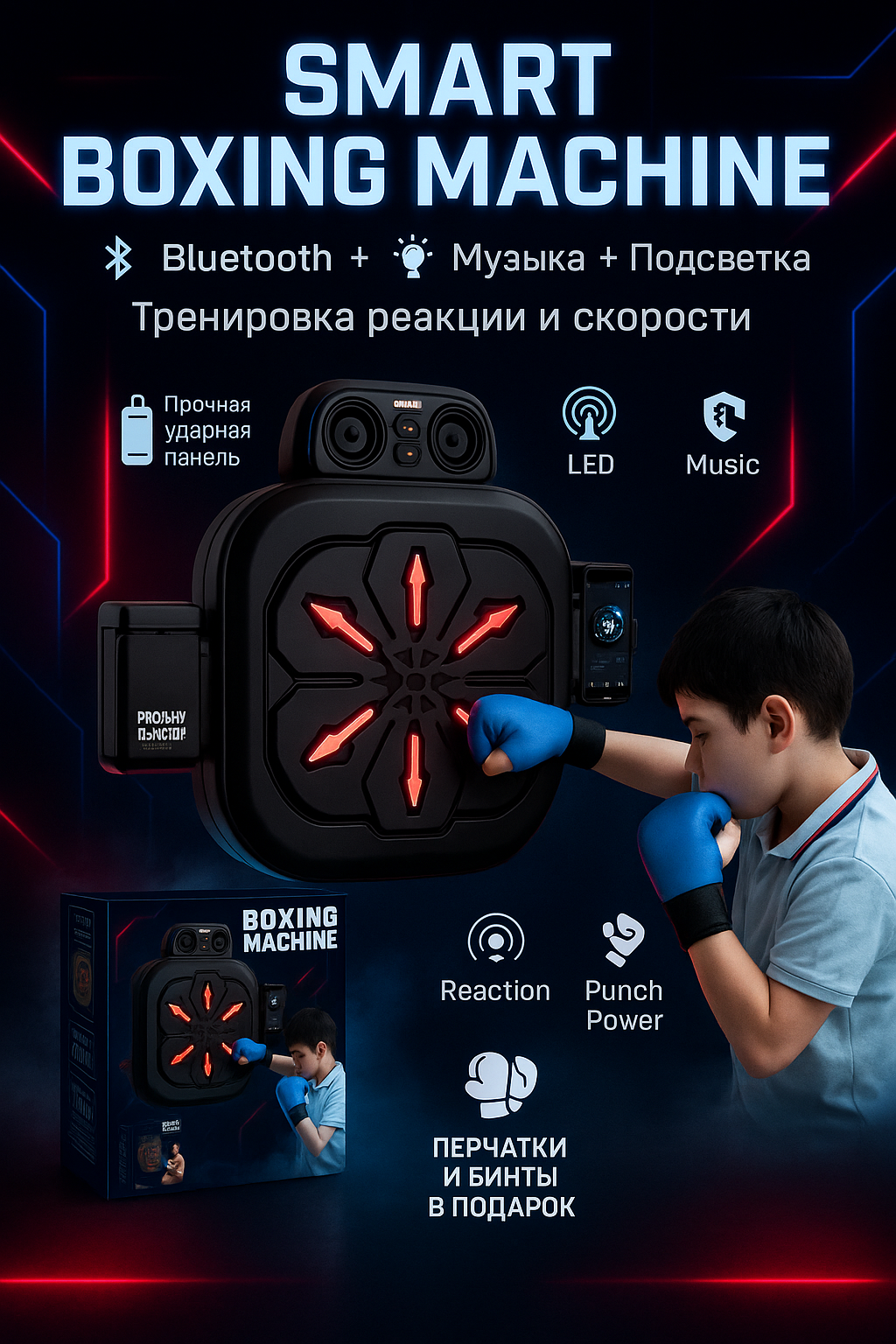 Smart Boxing Machine — Умный настенный бокс-тренажер с LED и Bluetooth, полный набор. Перчатки и бинты в подарок.