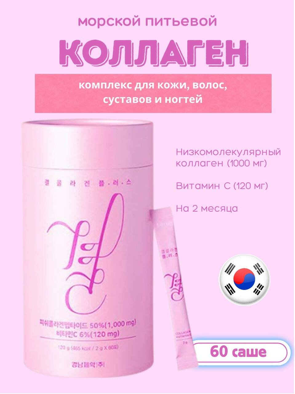 Коллаген Lemona GYEOL, низкомолекулярный, для красивых волос и кожи, 1000 мг, 60 штук.