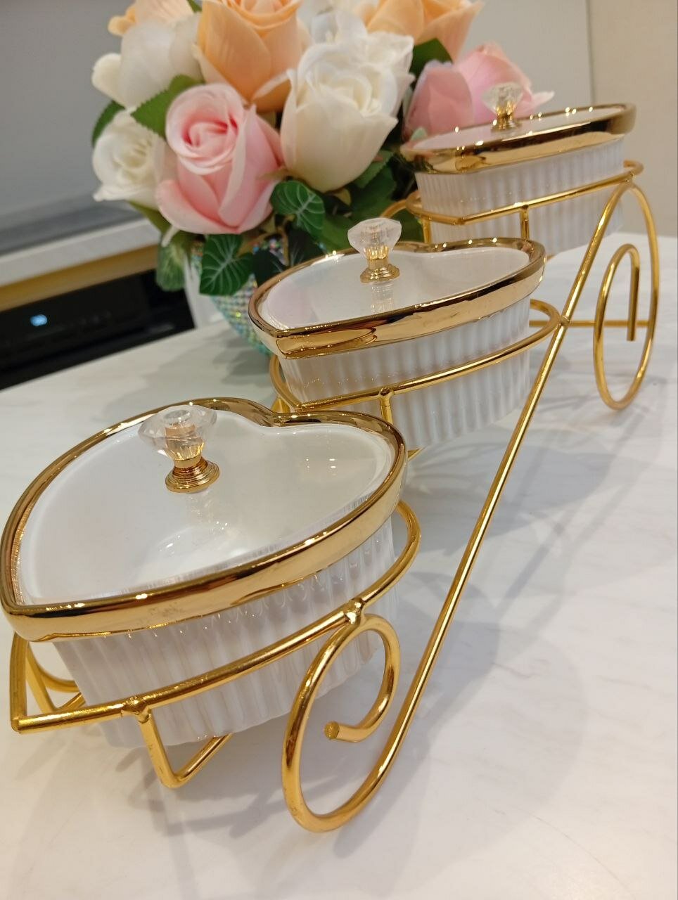 Сердце менажница в виде цветка для орехов и сухофруктов, белая, 3 шт