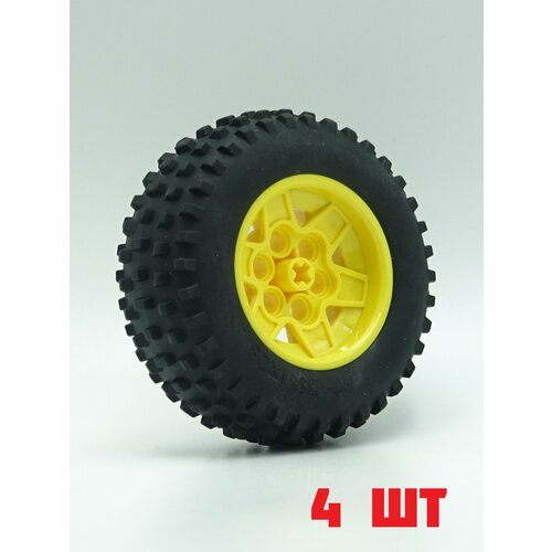 фото Диск с покрышкой, колесо technic 69909 tire 75.1 x 28 spiky tread+ 56908 wheel 43.2mm d. x 26mm racing small желтый 4 шт