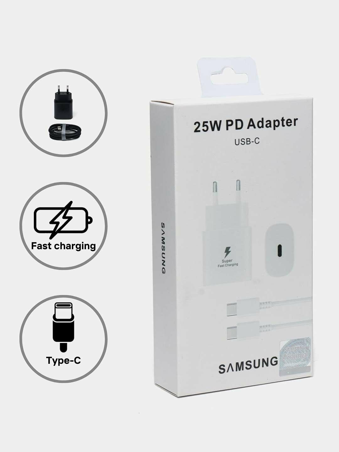 Сетевой зарядный адаптер USB-C PD 25W белого цвета с кабелем для быстрой зарядки.