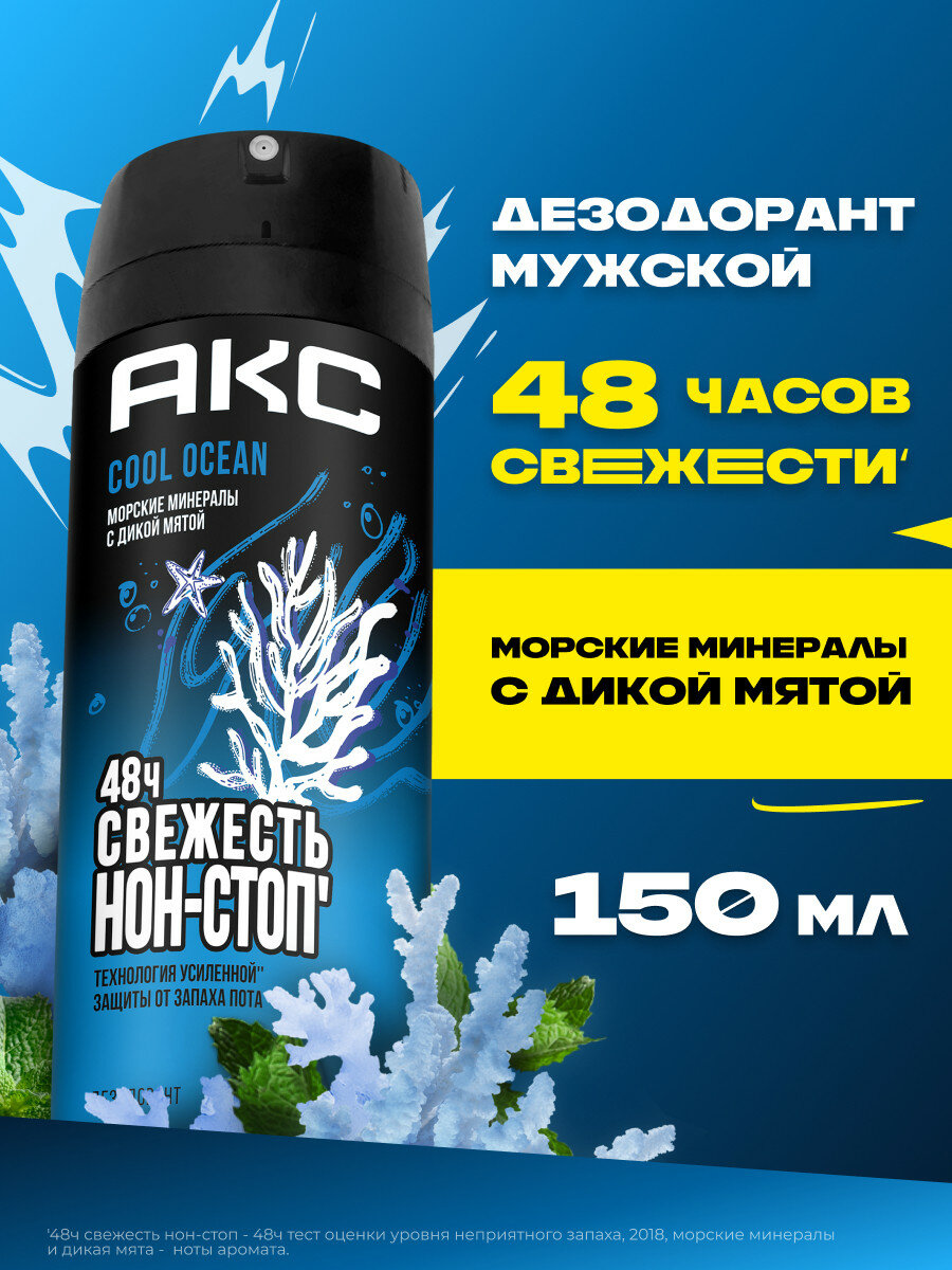 Дезодорант мужской спрей парфюмированный Акс Cool Ocean защита от запаха пота 48 часов 150 мл