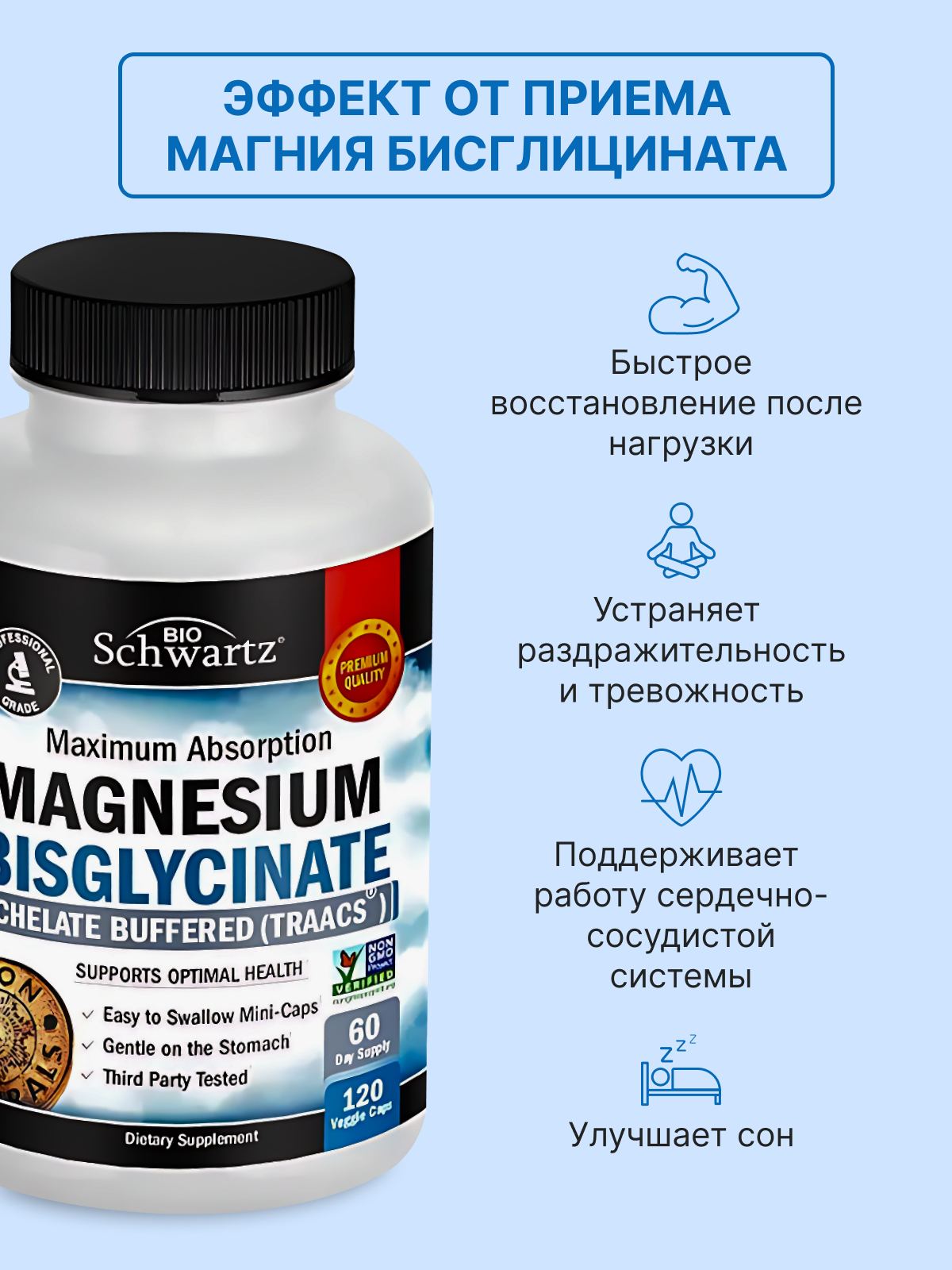 Изображение Глицинат Магния BioSchwartz Magnesium glycinate 120, повышение работоспособности
