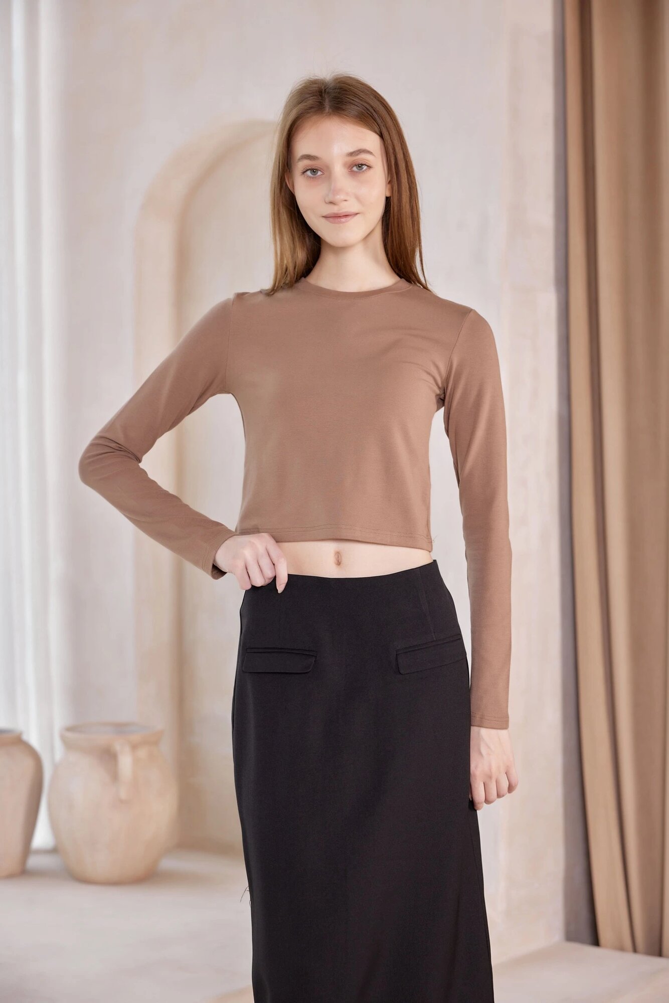 Лонгслив Selfie, размер S, , коричневый — фото 1