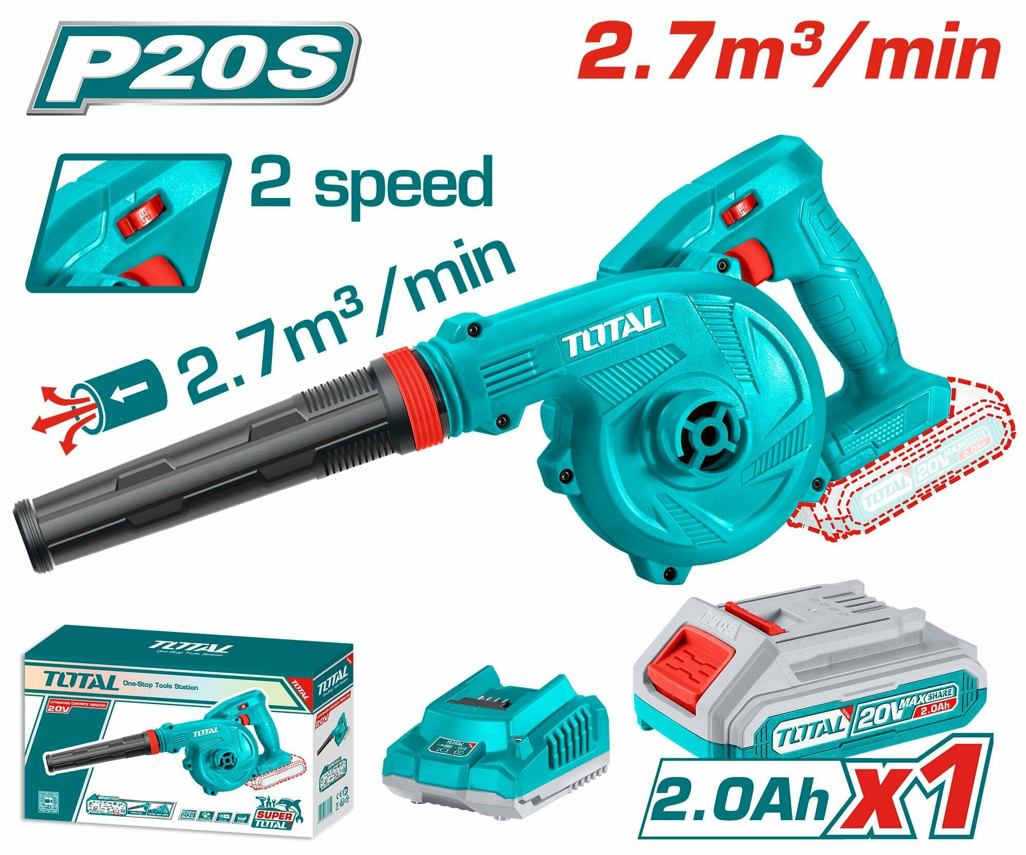 Воздуходувка TOTAL TABLI200181, аккумуляторная, Li-Ion, 2Ач, 20В