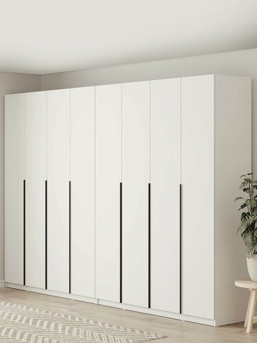 Изображение товара Распашной шкаф для одежды Сеул с полками, с ящиками, со штангой, с доводчиками, 320.2х50.6х221.6 см, Белый текстурный