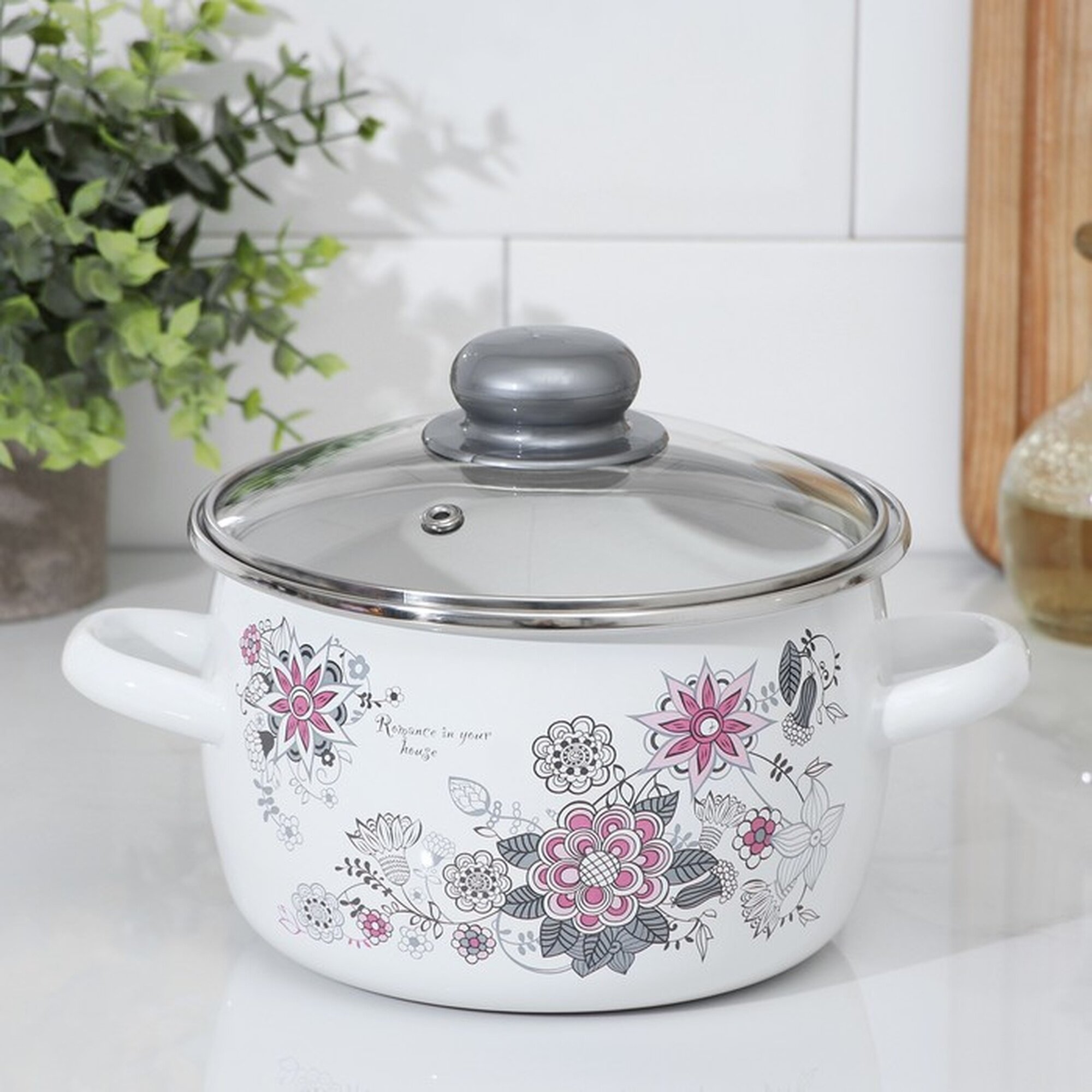 Кастрюля «Весенний романс» 2 л стеклянная крышка цвет белый