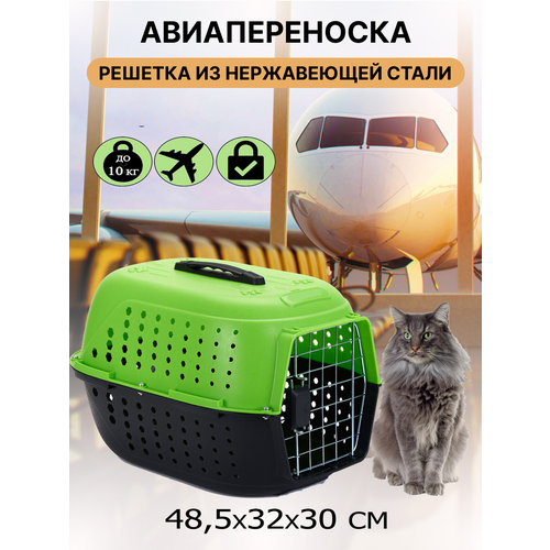 Пластиковая переноска для кошек и собак мелких пород "Чистый котик" 48*32*30 зеленая