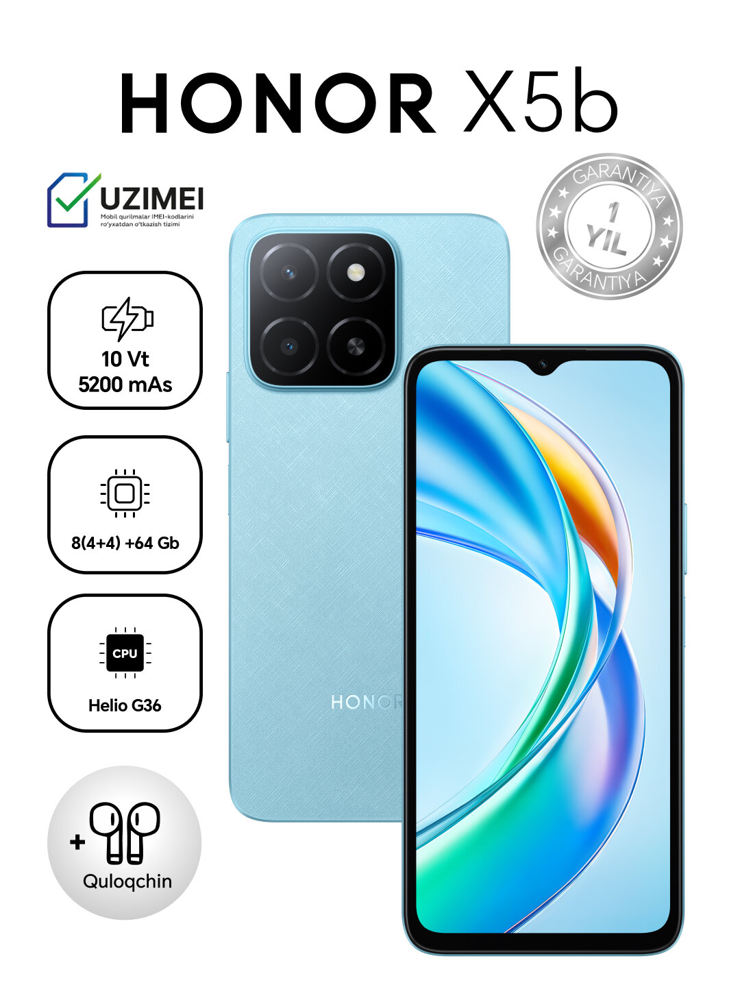Смартфон Honor X5b 4/64 ГБ, двойная камера 50 Мп, 90 Гц, 5200 мА/ч, синий