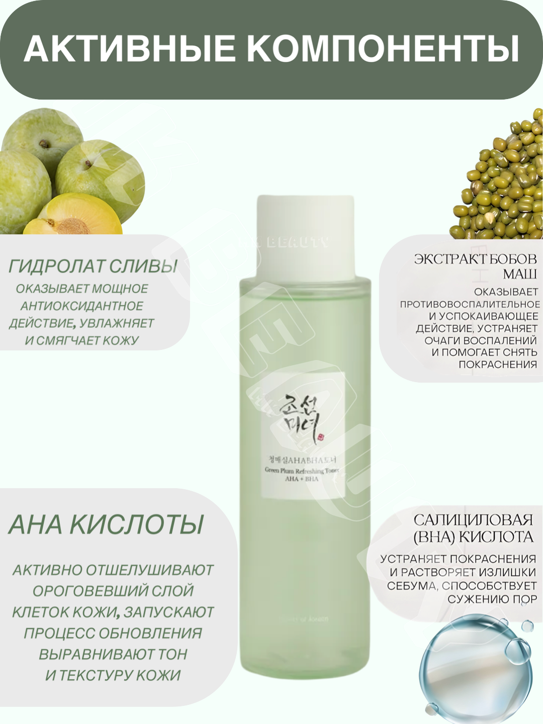 Тонер освежающий GreenPlum, AHA+BHA-пилинг, с кислотой для лица — фото 1