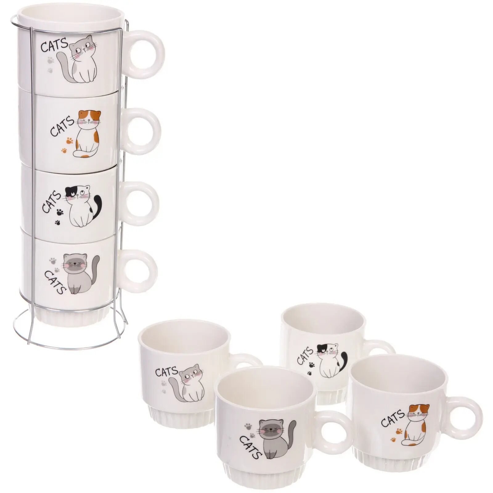 Набор кружек на стойке 280мл «Котики» керамика белые 4 шт.