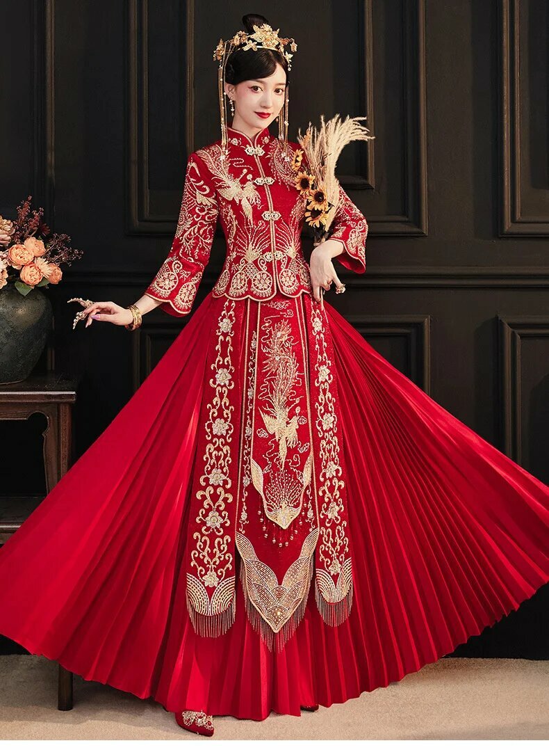 Китайский традиционный свадебный костюм-Ципао Hanfu с вышивкой дракона Феникса, элегантное винтажное платье невесты, XL
