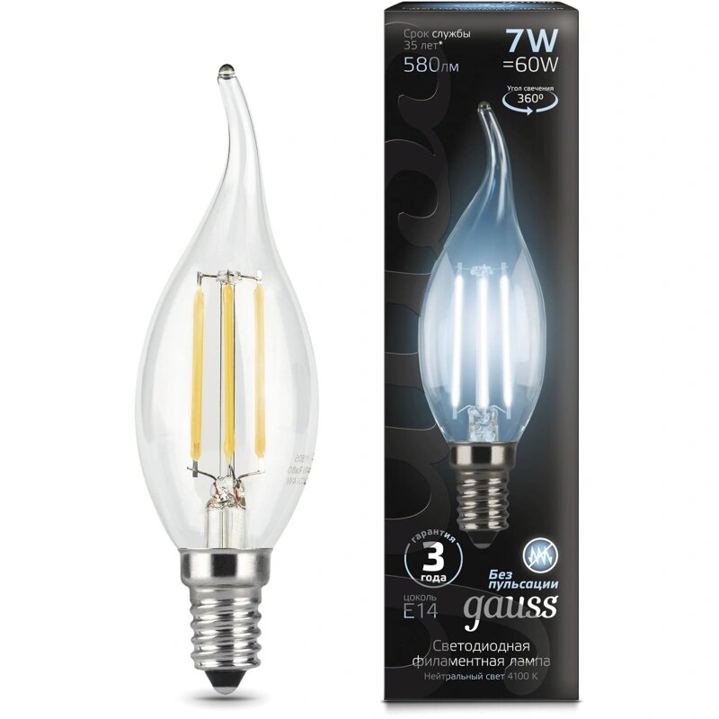 Лампа филаментная Gauss Filament, 7Вт, цоколь E14, белый нейтральный, 4100К (10шт) (104801207)