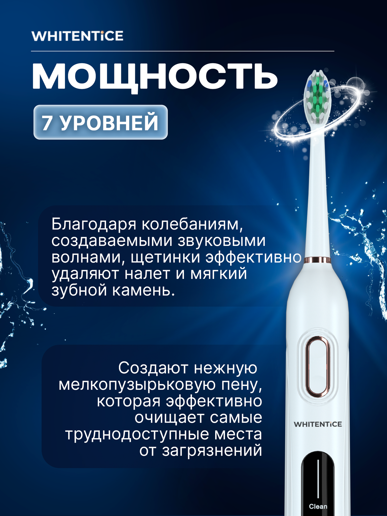Изображение Электрическая ультразвуковая зубная щетка белая Whitentice 3 режима, 7 уровней мощности, дорожный кейс