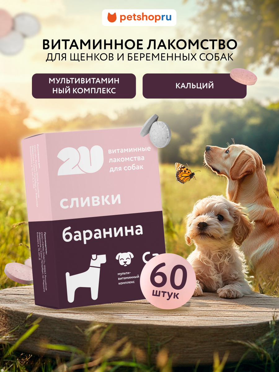 2U Мультивитаминное лакомство для щенков, беременных и лактирующих собак с кальцием, Babydog, 60 шт