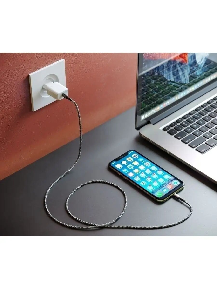 Кабель USB-C Lightning PD 30W, быстрая зарядка iPhone, 1.2 м, тканевая оплётка, чёрный — фото 1