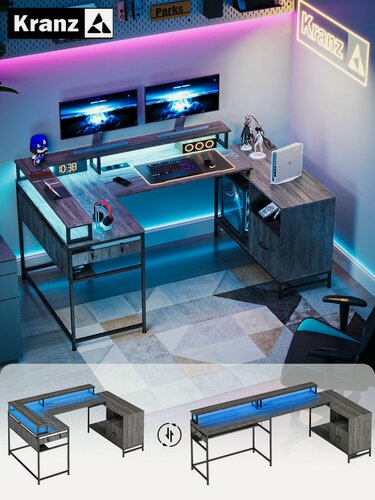 Изображение товара Компьютерный стол Kranz , универсальный, угловой, LED-подсветка, 3 ящика, 185х100х92.5см