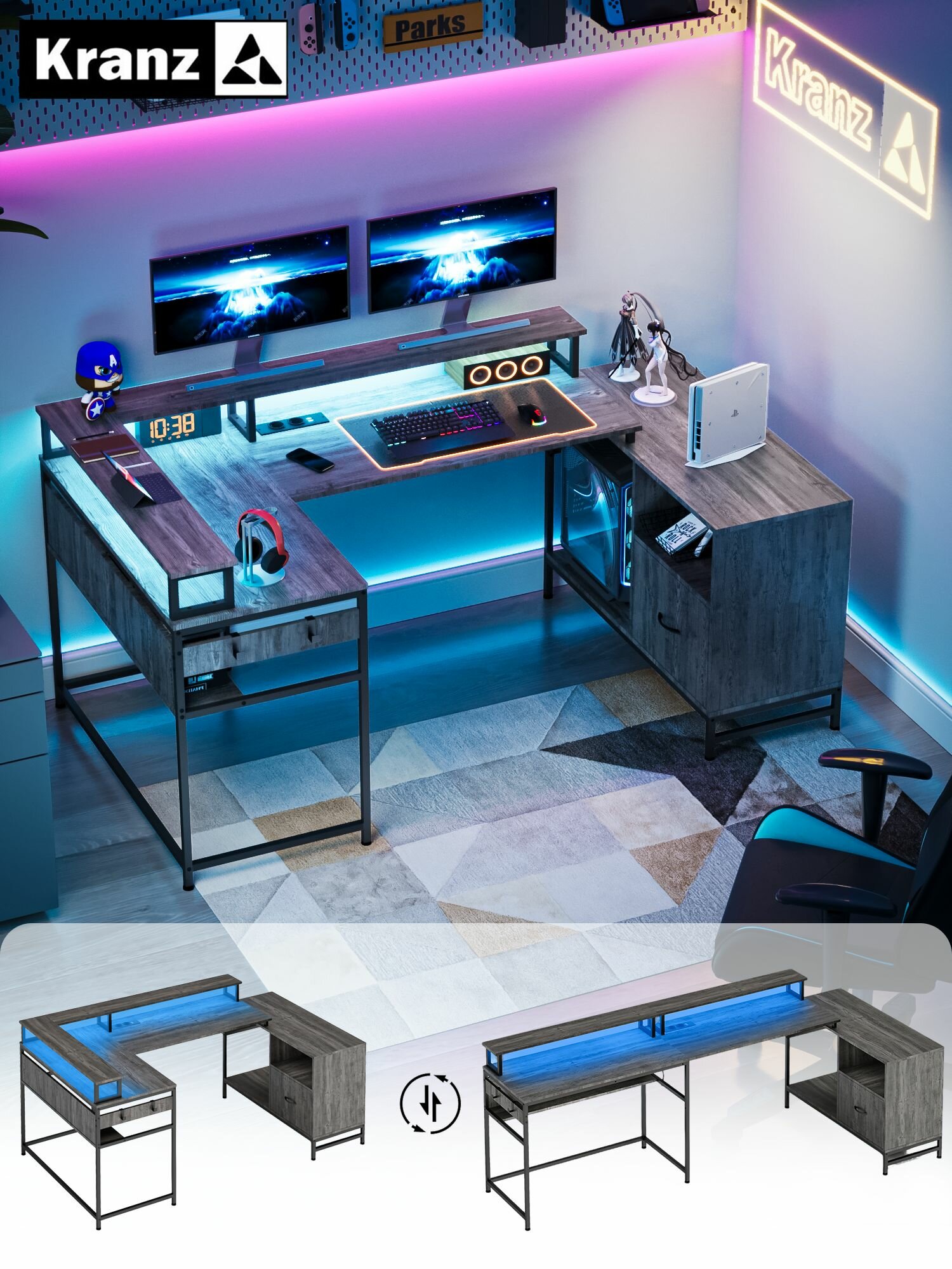 Компьютерный стол Kranz , универсальный, угловой, LED-подсветка, 3 ящика, 185х100х92.5см