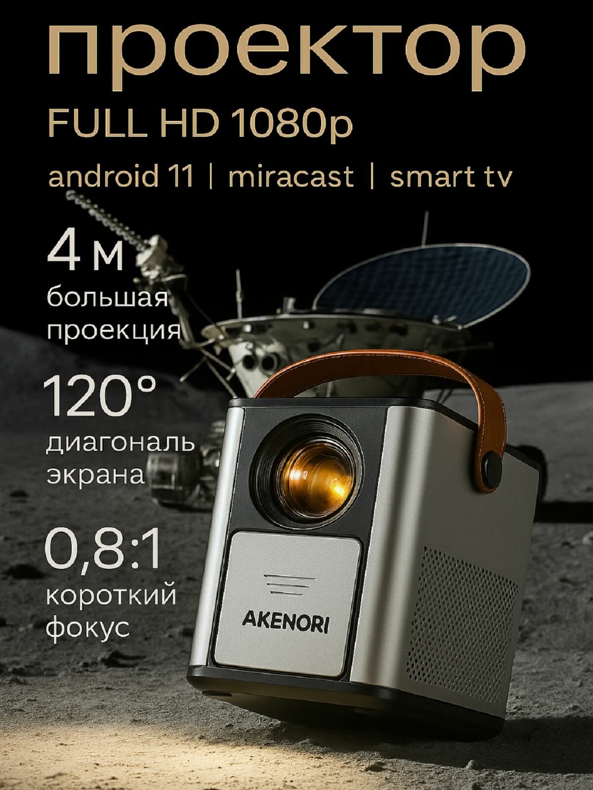Проектор для фильмов Akenori 888 Android 11, Разрешение hd/full hd, 1/8гб