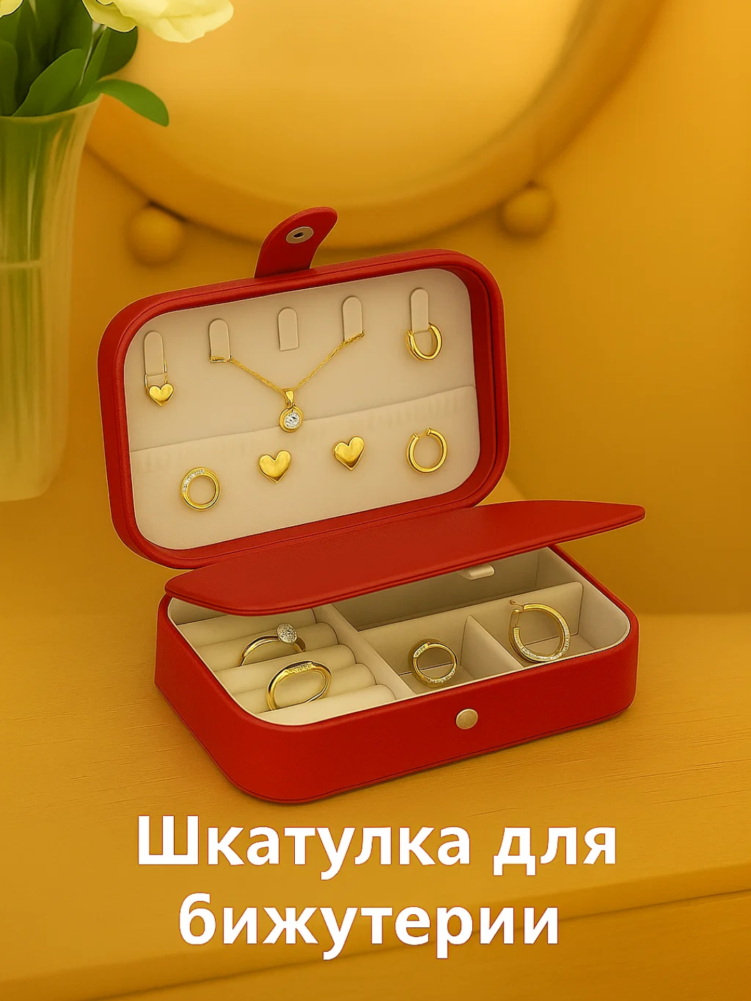 Шкатулка для украшений для современных женщин. Благодаря компактному размеру и современному дизайну, эта шкатулка идеально подходит для хранения колец, серёг, ожерелий и цепочек. Внутренние отделения предназначены для украшений.