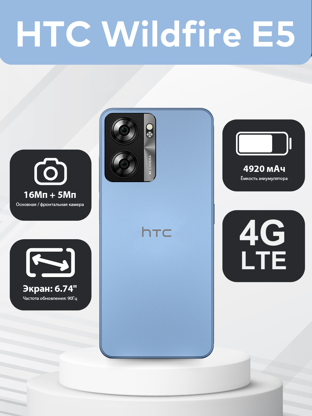 HTC Wildfire E5 4/64 ГБ, 6.745" 90Гц, 4920 мАч, Android 14, Dual SIM