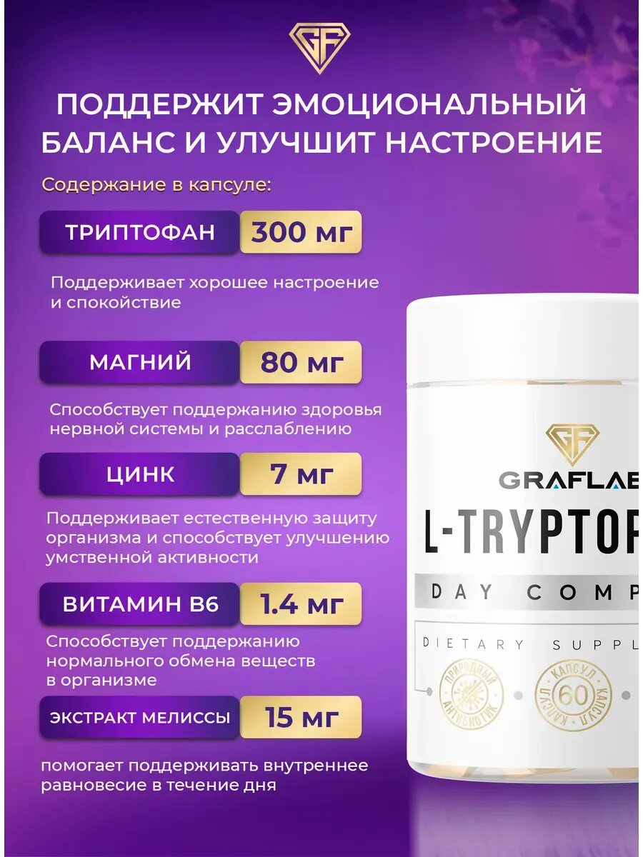 Комплекс триптофан и 5-HTP GraFLab, для здорового сна и спокойствия, 120 капсул — фото 1