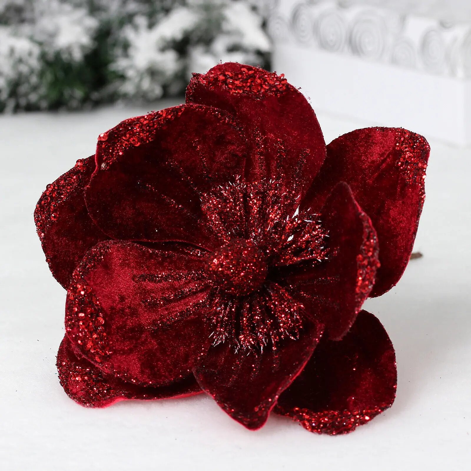 Новогодний декор «Пуансеттия - Пастель» 20 см бордовый пластик и текстиль