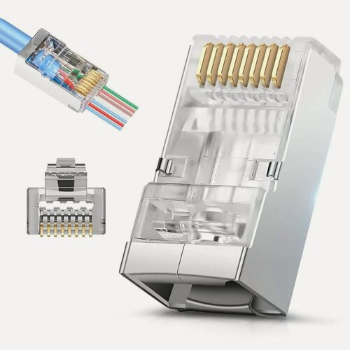 Изображение товара 50 шт. экранированных сквозных разъемов RJ45 Cat6 Cat6A с 3-контактными позолоченными концами Ethernet 8P8C для сетевого кабеля FTP/STP