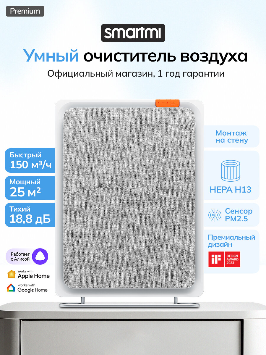 Очиститель воздуха Smartmi Air Purifier E1, серый, 15 Вт, управление со смартфона