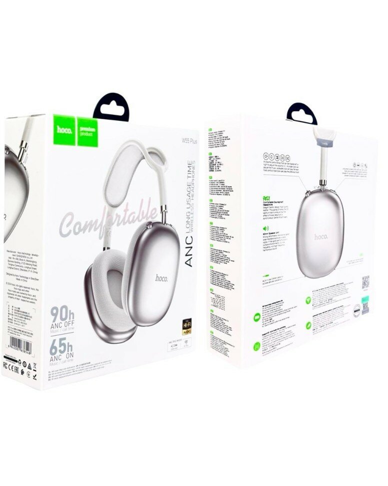 Стереонаушники Bluetooth полноразмерные Hoco W55 Plus ANC BT5.4/ANC/65ч серебристые
