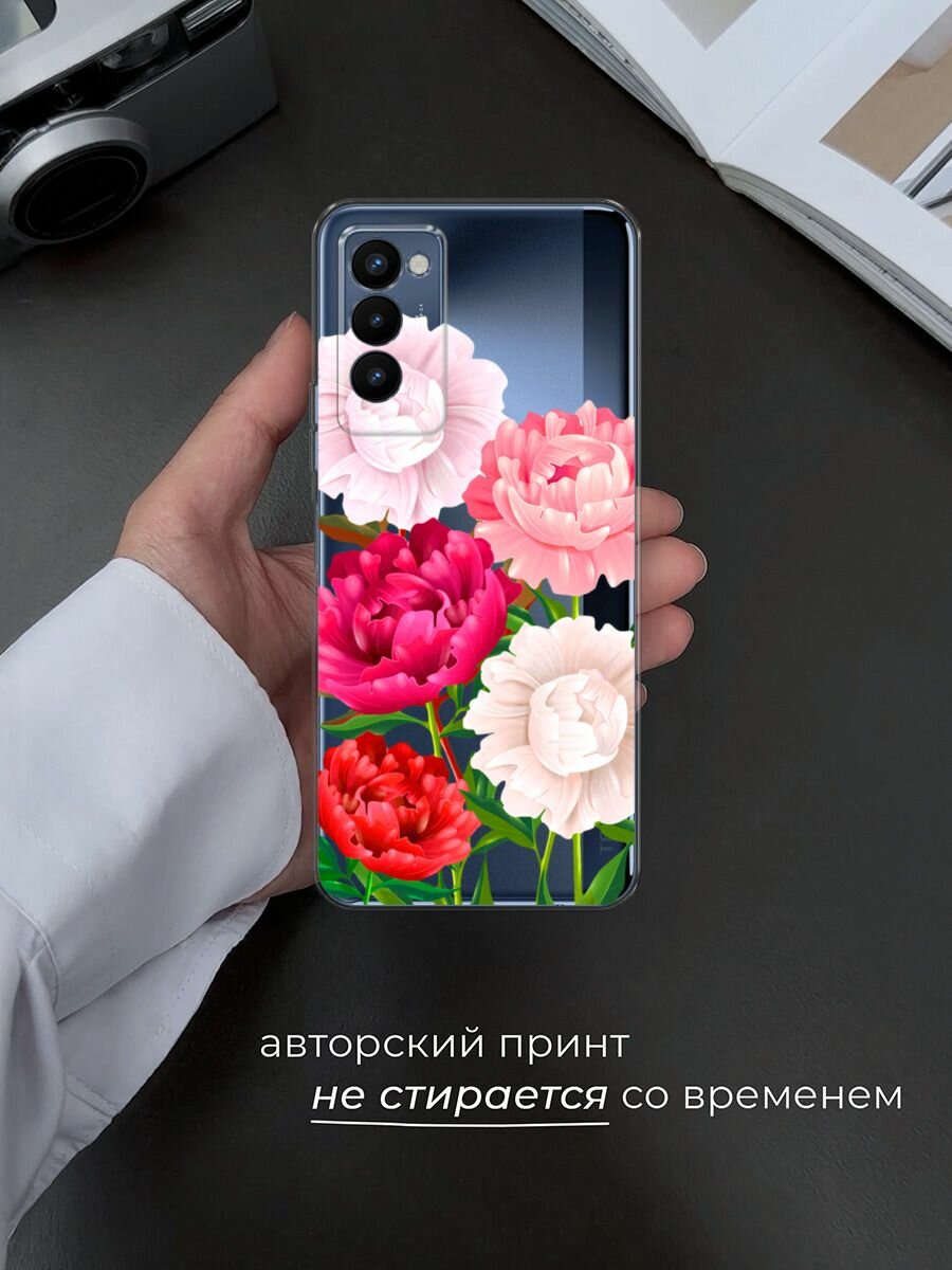 Чехол на Tecno Camon 18P / Техно Камон 18Р с принтом "Большие пионы", прозрачный — фото 1