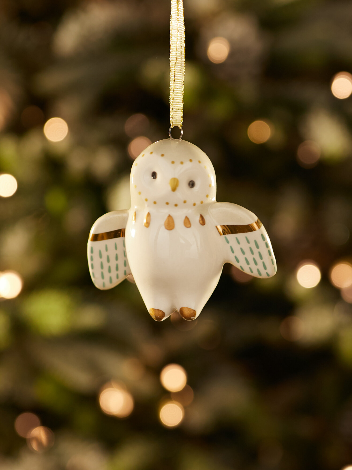 Елочная игрушка Лавка Чудес "Сова", фарфор, 6,2 см, белый/золотой — фото 1